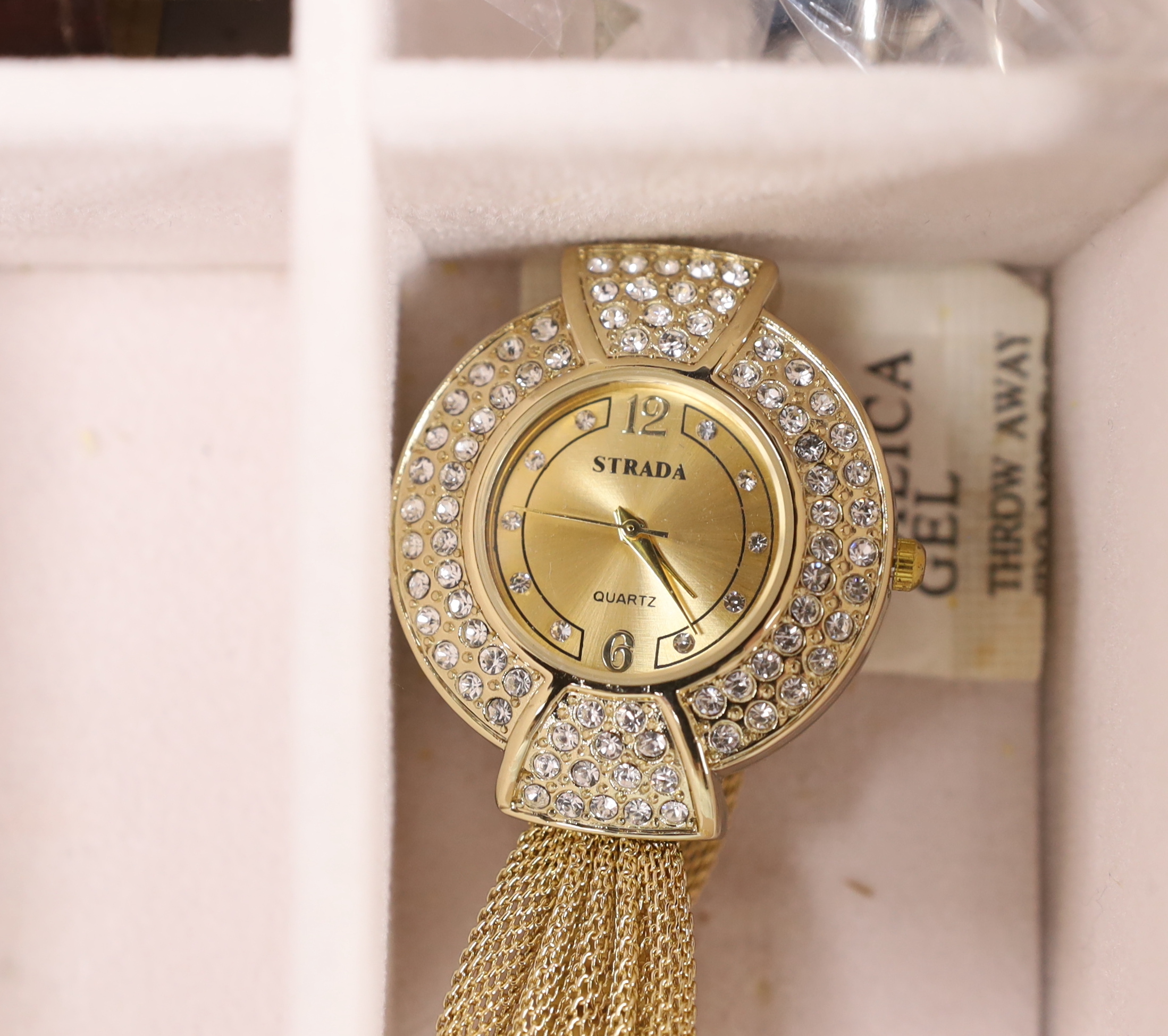 Five gentleman's assorted modern gilt metal or steel wrist watches, including Christin Lars, Labelle & Son, Bermuda Watch Co and Raoul U. Brawn and a lady's Strada quartz wrist watch.
